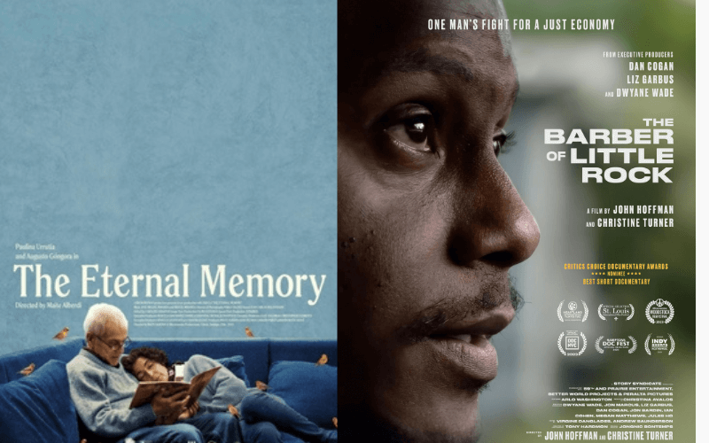 Film posters for The Eternal Memory and The Barber of Little Rock side-by-side