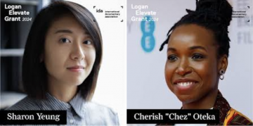 Side-by-side headshots of Sharon Yeung and Cherish "Chez" Oteka with the IDA "Logan Elevate Grant 2024" logos
