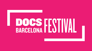 Banner of Docs Festival Barcelona in white font on a bright pink background