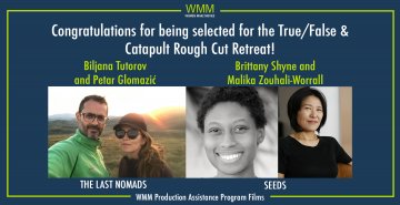 Portraits of filmmakers against a dark blue backdrop with the words "Congratulations for being selected for the True/False & Catapult Rough Cut Retreat!"