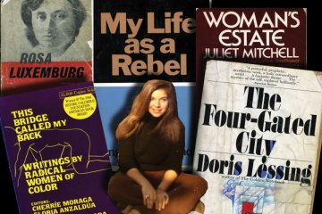A collage of posters of Joan Braderman's work